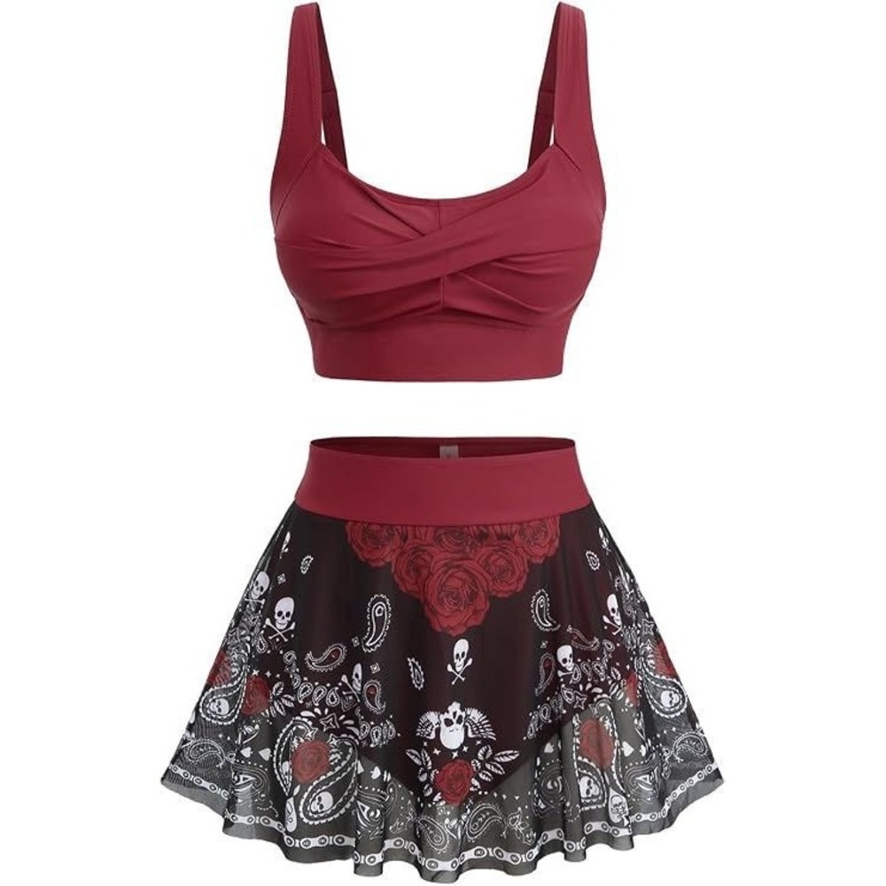 Rose Gal 2pc Tummy Control Tankini Swimsuit - Skulls - Red/Black - Size 2X